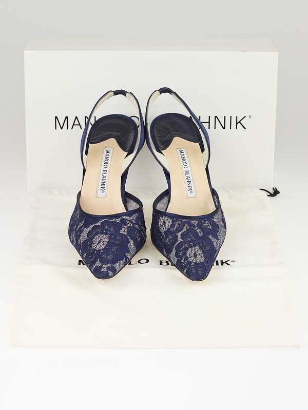 Manolo Blahnik Navy Blue Lace Carolyne Slingback Heels Size 8/38.5