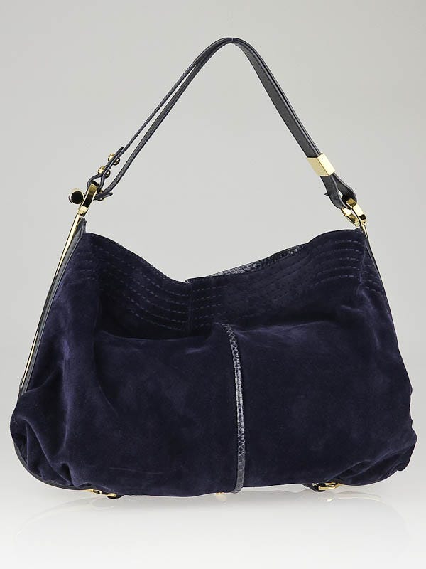 Jimmy Choo Navy Blue Suede Python Trim Ayse Shoulder Bag | Yoogi's