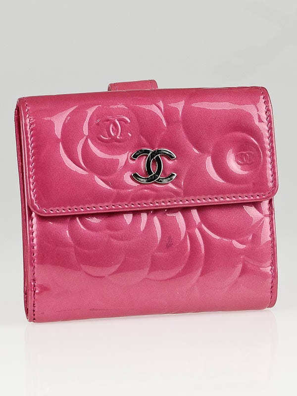 Chanel Pink Patent Leather Camellia Embossed Compact Wallet