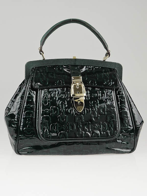 Gucci Dark Green Horsebit Embossed Patent Leather Treasure Satchel Bag