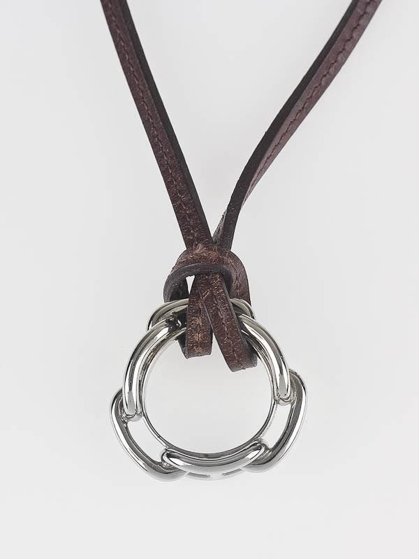 Hermes Silver Pendant Brown Leather Necklace 