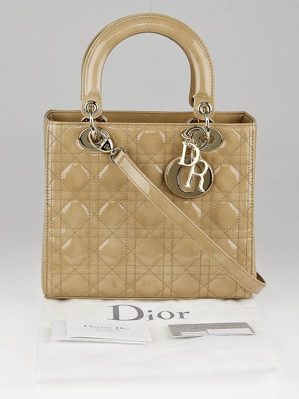 Christian Dior Beige Cannage Patent Leather Lady Dior Medium