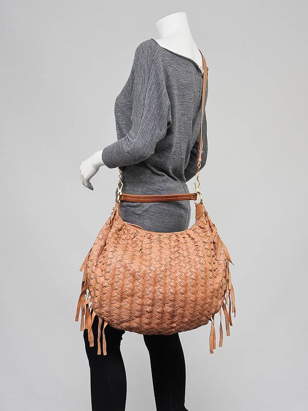 Miu Miu Blush Woven Leather Fringe Hobo Bag | Yoogi's Closet