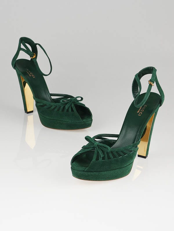 GUCCI カーキベージュ スエード ウェッジヒールサンダル Gucci Green Suede Peep-Toe Platform Sandals Size 9B | Yoogi's Closet