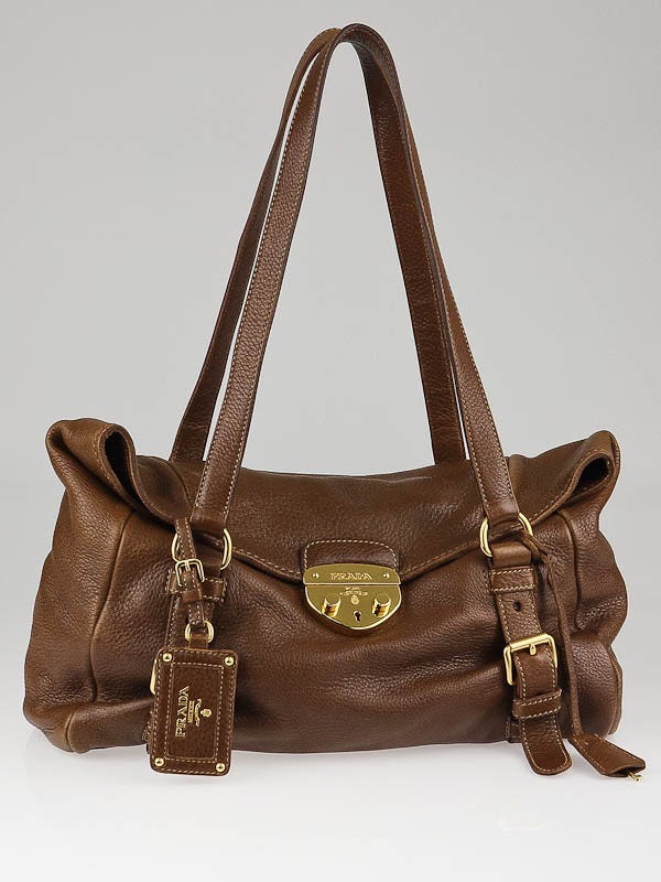 PRADA Brown Leather Push lock Bauletto Shoulder Bag