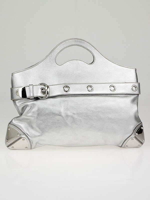 Gucci Silver Metallic Leather Romy Large Satchel Bag 