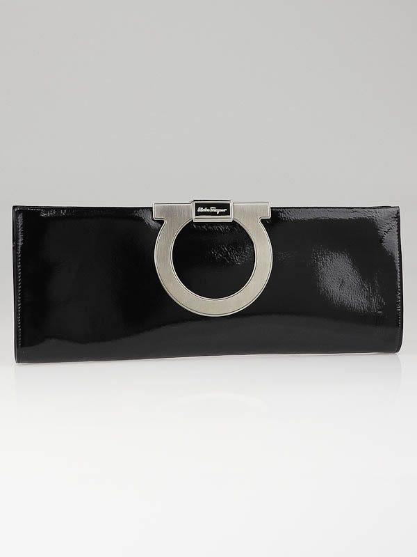 Salvatore Ferrgamo Black Patent Leather Musa Gancini Clutch Bag