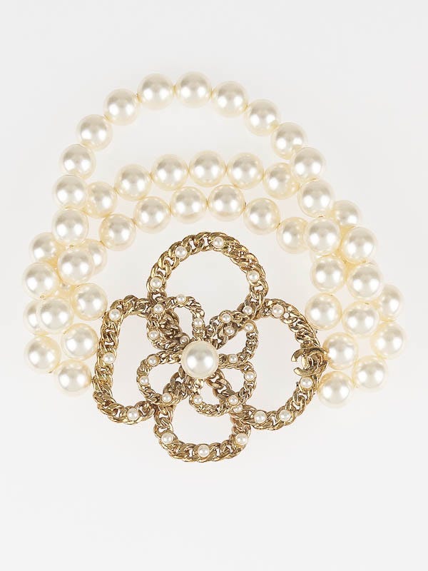 Chanel Gold Camellia Flower Triple Strand Pearl Bracelet - Yoogi's Closet