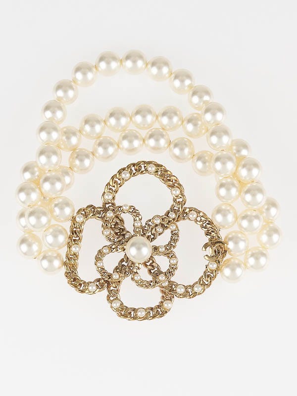 Chanel Gold Camellia Flower Triple Strand Pearl Bracelet