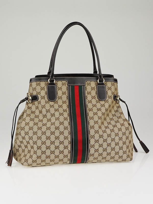 Gucci Beige/Ebony GG Canvas Vintage Web Tassel Tote Bag