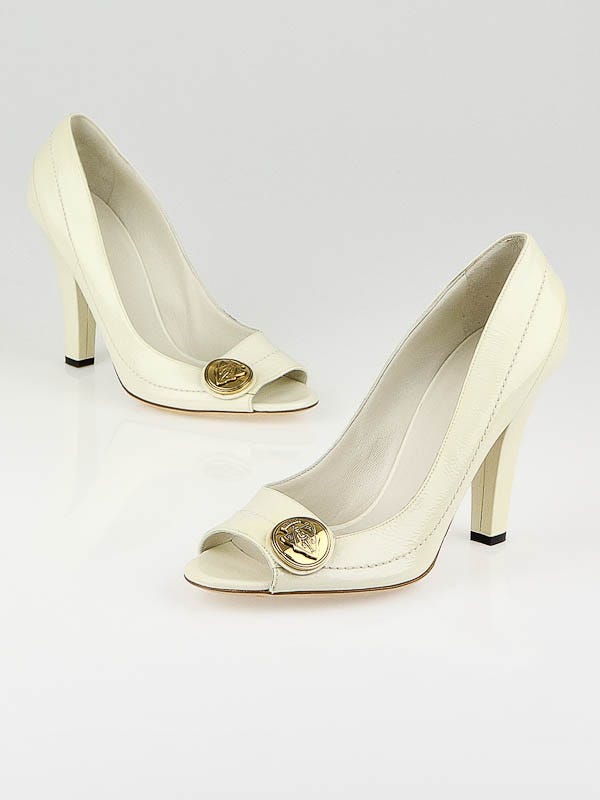 Gucci White Patent Leather Hysteria Peep Toe Pumps Size 8.5B