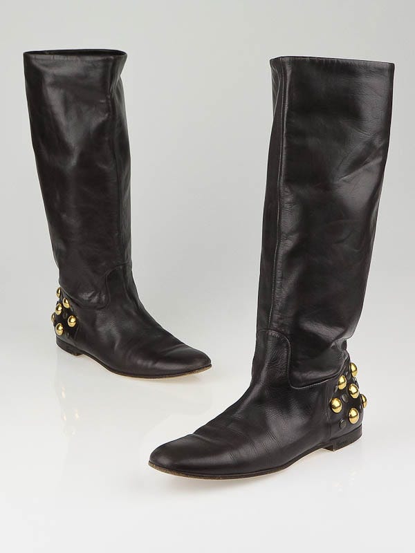 Gucci Brown Leather Babouska Studded Tall Boots Size 7.5/38