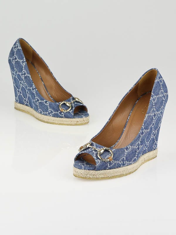 Gucci Blue GG Denim Horsebit Espadrille Wedges Size 7.5/38