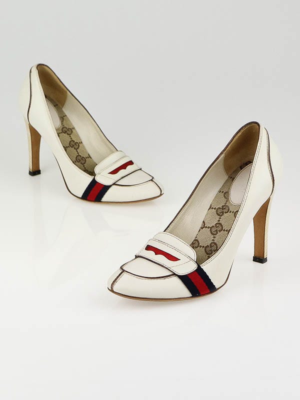 Gucci White Leather Lifford Penny Loafer Pumps Size 7.5B