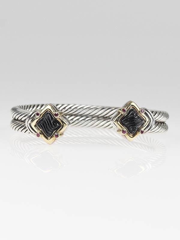 David Yurman Sterling Silver Black Onyx and Garnet Quatrefoil Double Cable Bracelet