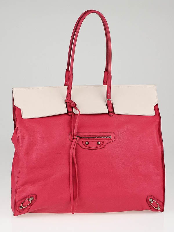 Balenciaga White/Pink Calfskin Leather Two-Tone Papier Flap Tote Bag