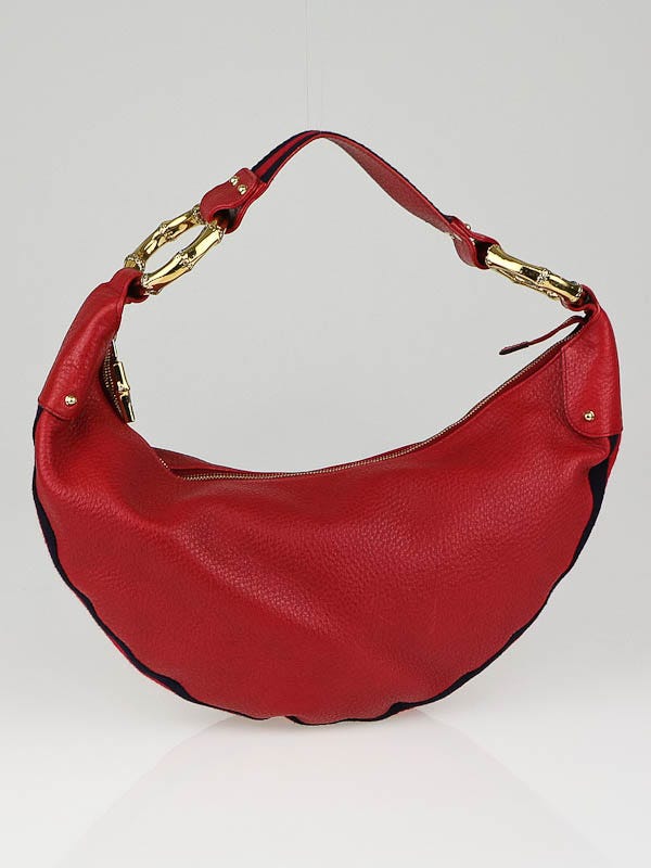 Gucci Red Leather Bamboo Ring Hobo Bag