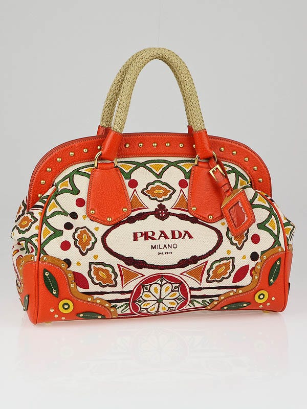 Prada Papaya Canvas Canapa Stampada Frame Top Satchel Bag