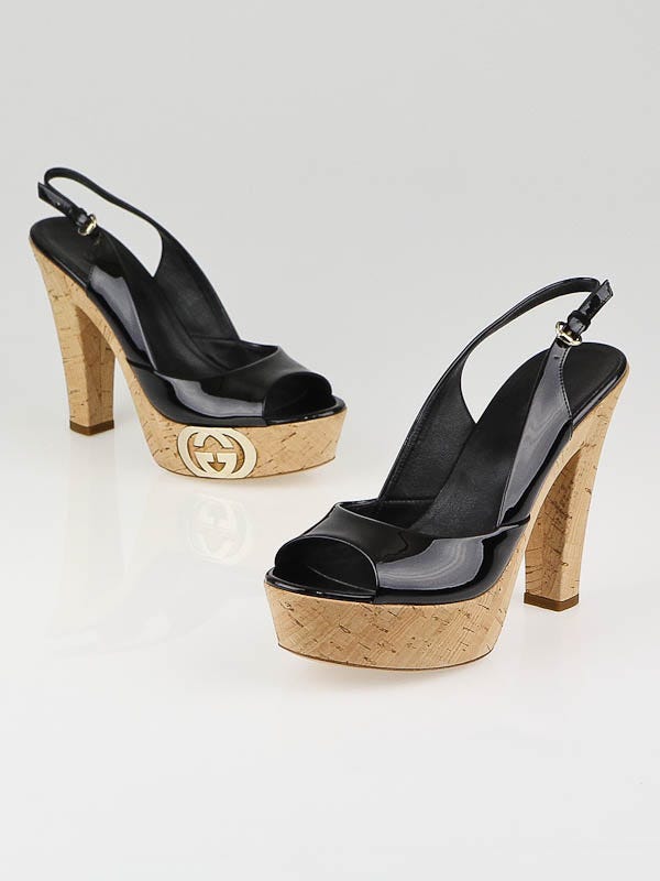 Gucci Black Patent Leather Grease Platform Sandals Size 6.5B