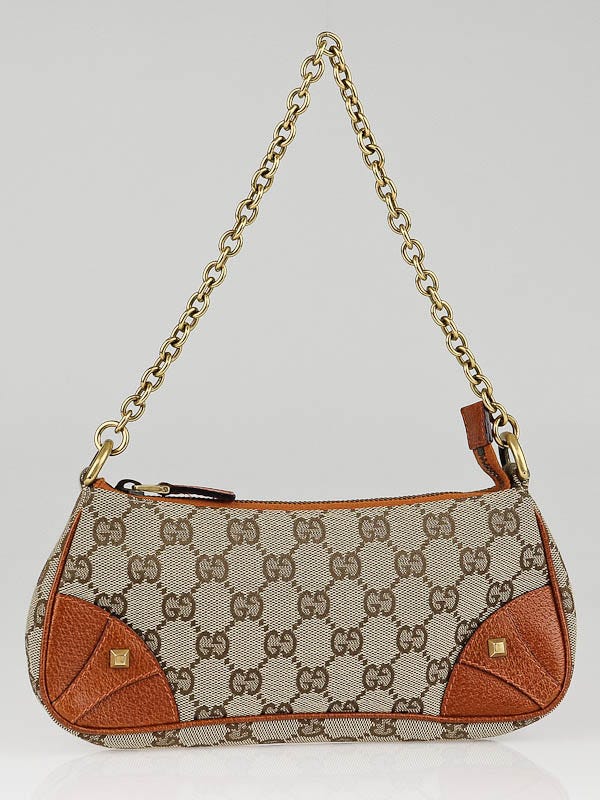 Gucci Beige/Ebony GG Canvas and Orange Leather Studded Pochette Bag