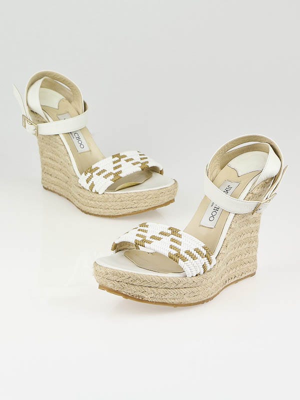 Jimmy Choo White/Tan Woven Bombay Espadrille Wedges Size 8.5/39