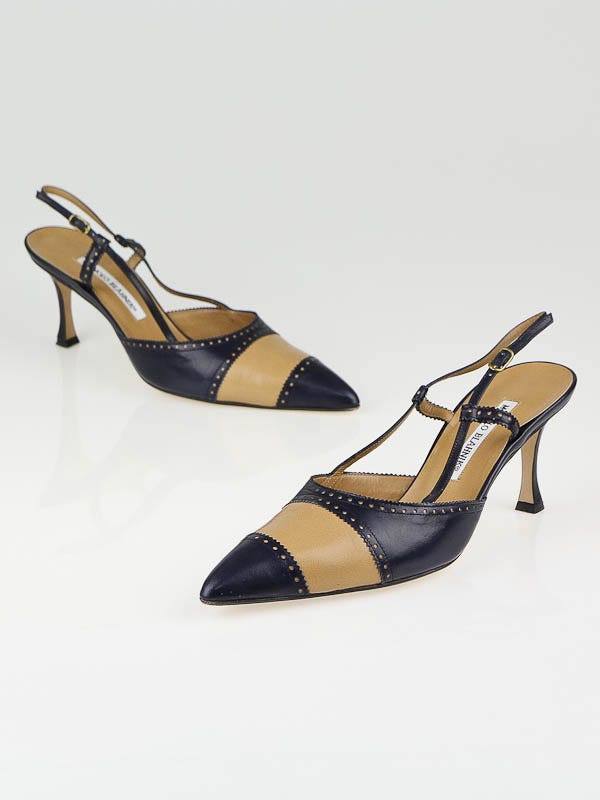 Manolo Blahnik Tan/Navy Leather Spectator Slingback Pumps Size 9/39.5