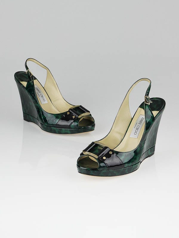 Jimmy Choo Green Leopard Print Patent Leather Wedges Size 8.5/39