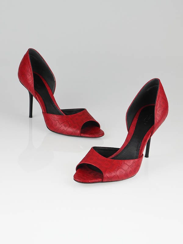 Gucci Red Embossed Horsebit Leather D'orsay Peep Toe Pumps Size 9/39.5