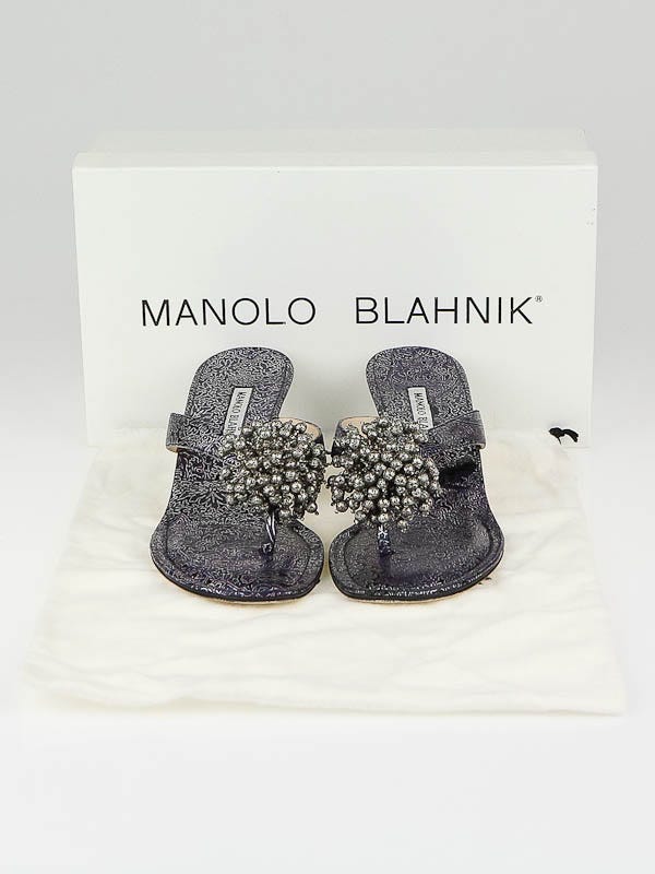 Manolo Blahnik Black/Grey Leather Afrisea Thong Sandals Size