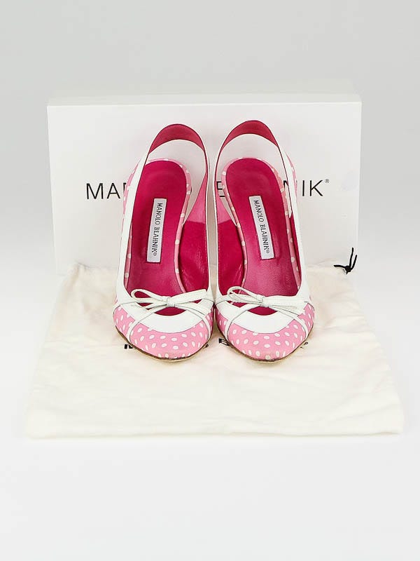 Manolo Blahnik Pink/White Polka Dot Fabric Tunel Slingback Manolo Blahnik Pink/White Polka Dot Fabric Tunel Slingback