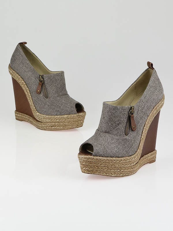 Christian Louboutin Oatmeal Flannel and Brown Leather Bootie Espadrille Wedge Size 6.5/37