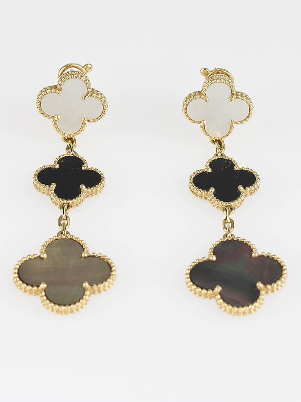 Van Cleef & Arpels 18k Gold White and Grey Mother-of-Pearl and Black Onyx Magic Alhambra 3 Motif Drop Earrings