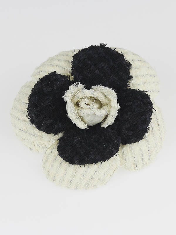 Chanel Black/Ivory Tweed Camellia Pin