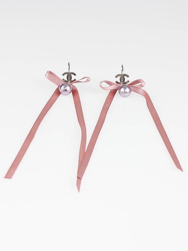 Chanel Pink Ribbon Bow and Pearl Drop CC Earrings