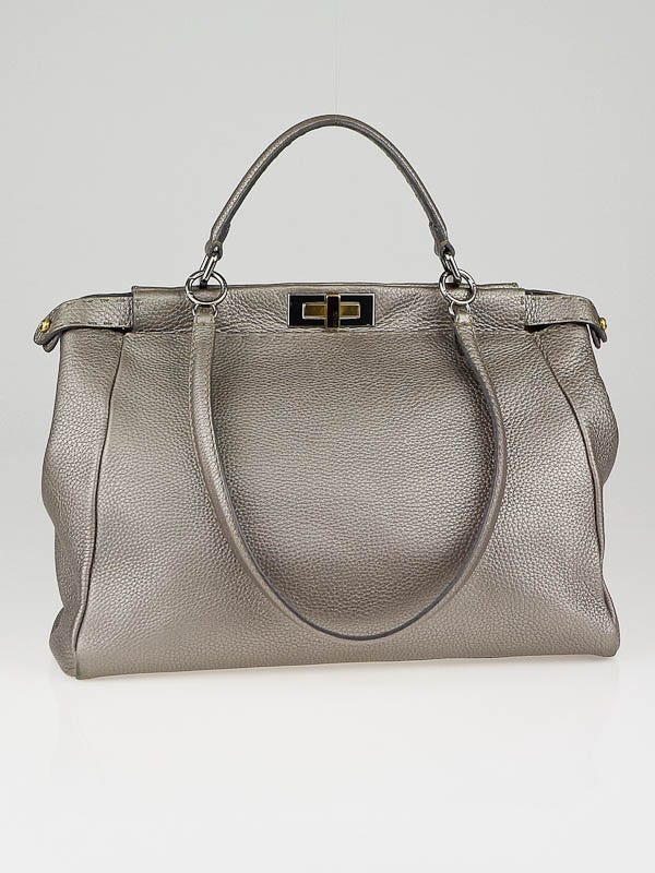 Fendi Silver Metallic Selleria Leather Peekaboo Large Bag