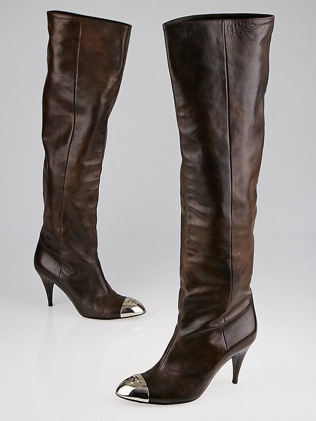Chanel Brown Leather Silver Cap Toe Tall Boots Size 6.5/37