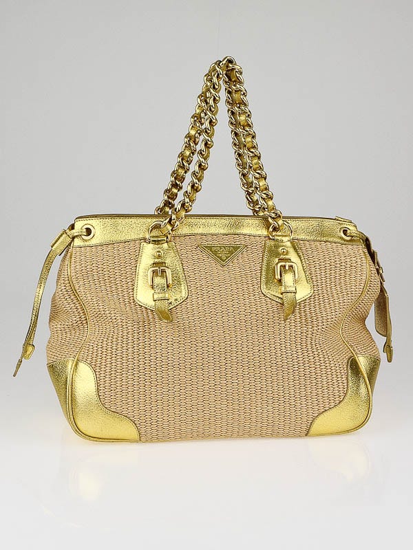Prada Gold Leather and Straw Medium Shopping Tote Bag