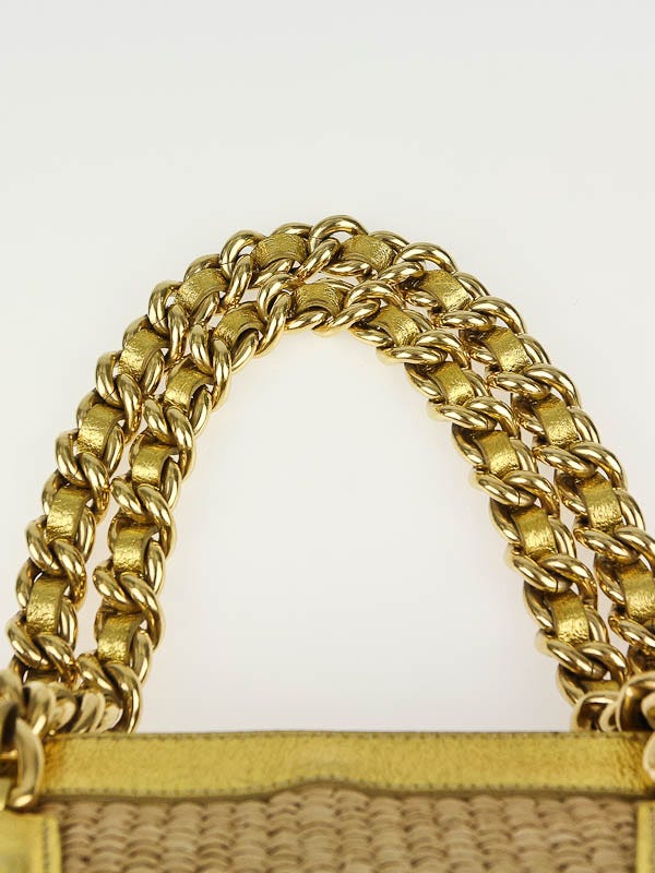 Prada Gold Leather and Straw Medium Shopping Tote Bag Prada Gold Leather and Straw Medium Shopping Tote Bag