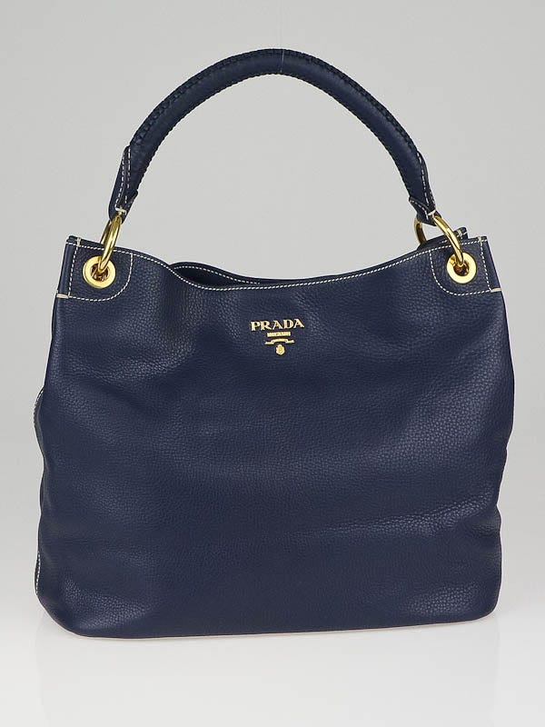 Prada Navy Blue Calfskin Leather Hobo Bag