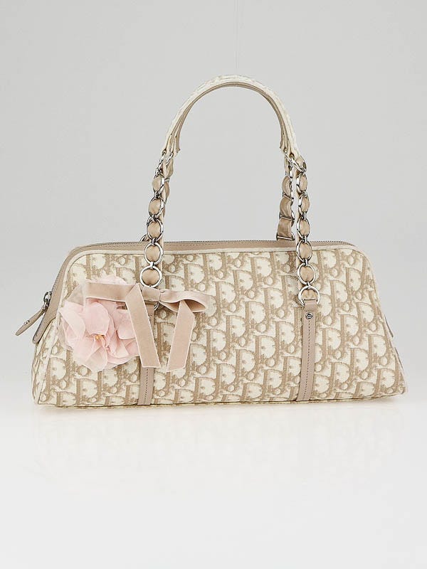 Christian Dior Beige/White Logo Trotter Romantique Medium Satchel Bag