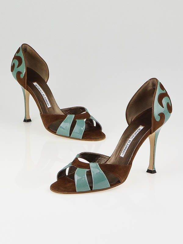 Manolo Blahnik Brown Suede and Turquoise Patent Leather Palmata D'Orsay Heels Size 7.5/38