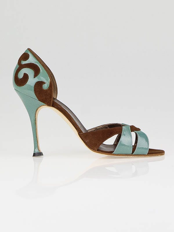 Manolo Blahnik Brown Suede and Turquoise Patent Leather