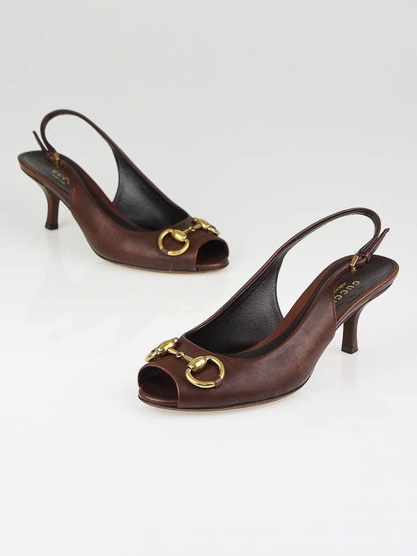 Gucci Brown Leather Horsebit Slingback Sandals Size 4.5/35