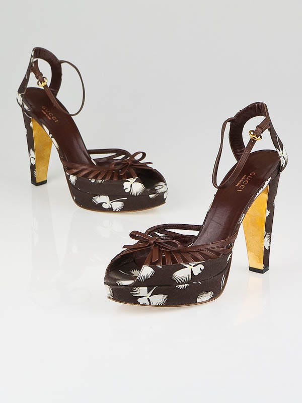 Gucci Brown Canvas Orchid Print Platform Ankle Strap Sandals Size 8B