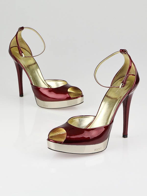 Gucci Siam Red Glitter Patent Leather Platform Sandals Size 8.5B