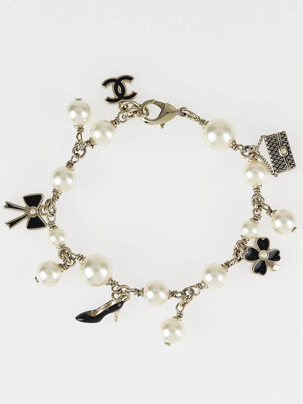 Chanel Black/White Faux Pearl Icons Charm Bracelet - Yoogi's Closet