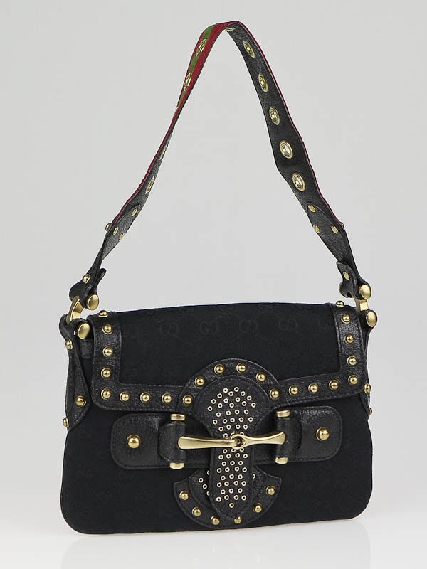 Gucci Black GG Canvas Studded Pelham Runway Flap Bag