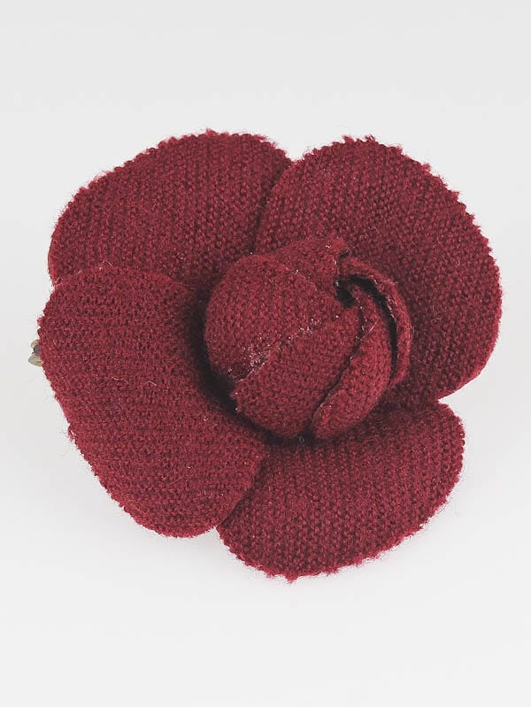 Chanel Burgandy Tweed Camellia Pin