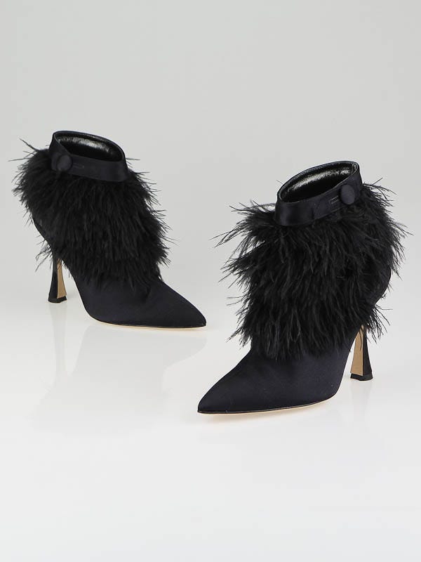 Manolo Blahnik Black Satin/Feather Oterala Ankle Boots Size 5.5/36