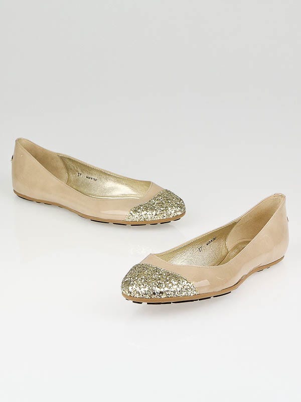Jimmy Choo Beige Patent Leather Glitter-Toe Whirl Flats Size 6.5/37